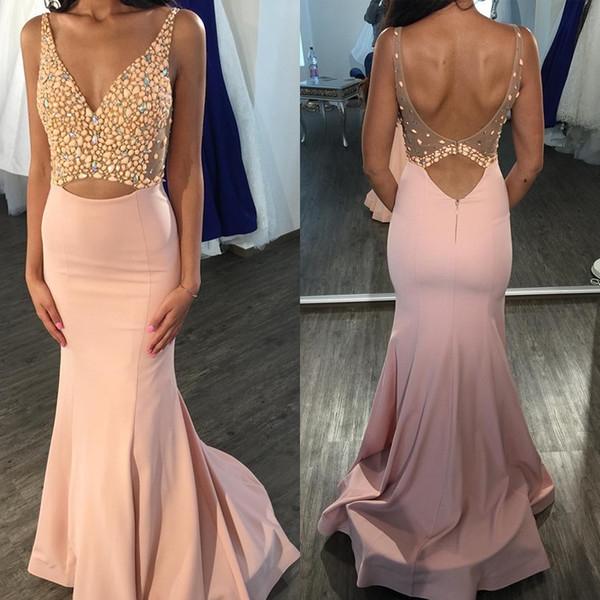 Rhinestone Beaded Top Pink Prom Deep V Neck Long Evening Sexy Open Back Party Dresses Mermaid Graduation Gowns Sleeveless 0510