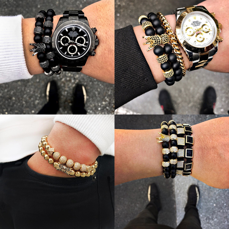 2pcs/set Micro inlay zircon Round Stopper Men Crown Charm Bangle Natural Beads Buddha Bracelet for Women Pulseras Masculina