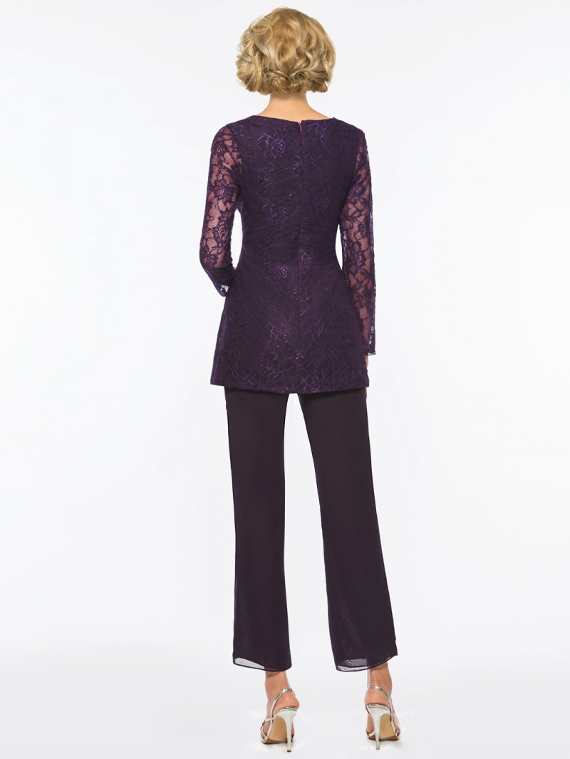 Purple Mother Of The Bride Pant Suits For Weddings Two Pieces Lace Appliqued Long Sleeve Mothers Formal Wear Outfit Cheap Garment