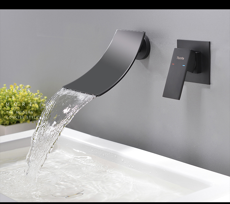 Rolya Wall Mounted Chrome Brass Waterfall Bathroom Basin Faucet Vanity Sink Mixer Tap Black Bath Spout