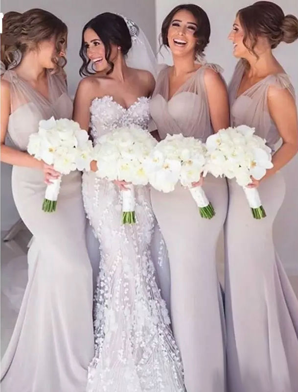 Modest Long Bridesmaid Dresses V Neck Sheer Straps High Quality Satin Prom Dresses Evening Gowns Customized Cheap Maid of Honor Dress