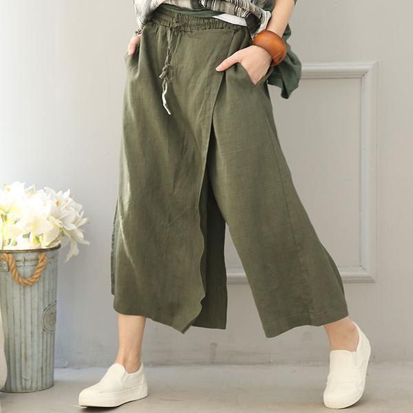 Women Cotton Linen Wide leg pants, Army green