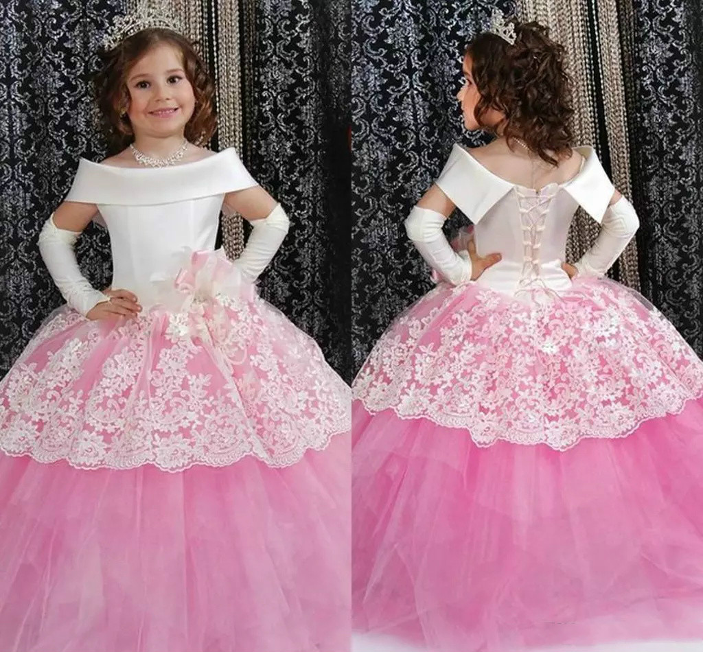 Cute Flower Girl Dresses White and Pink Off The Shoulder Ball Gown Girls Pageant Dress Lace Applqiued Birthday Party Gowns With Gloves