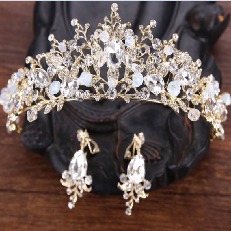 Fantasy Crystal Bridal Headpiece Crown Birthday Photography Rhinestone Leaf Tiaras Pink Hair Bridal Jewel Set With Earring half up Wedding Headpieces