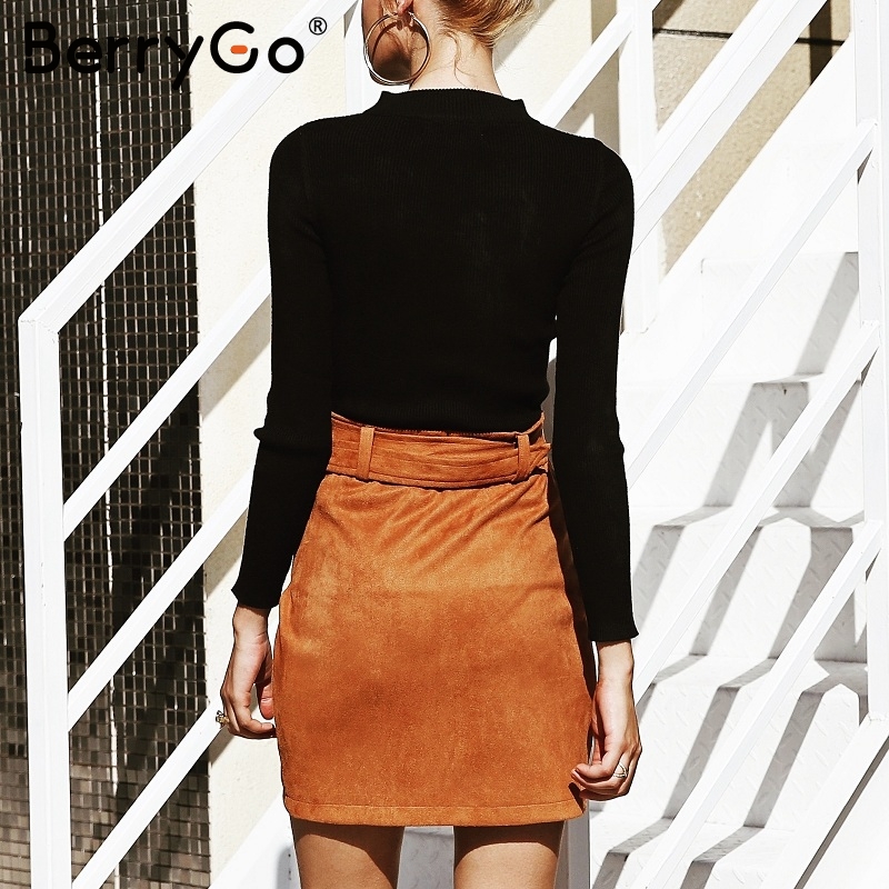 BerryGo Asymmetric suede leather women skirt High waist belt bodycon mini skirt Autumn winter female streetwear pencil