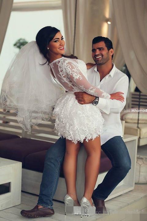 Mini Wedding Beach Lace Long Sleeve Sheer Back A-Line Sexy Saudi Arabia Short Bridal Gowns For Party Dresses 23 0510
