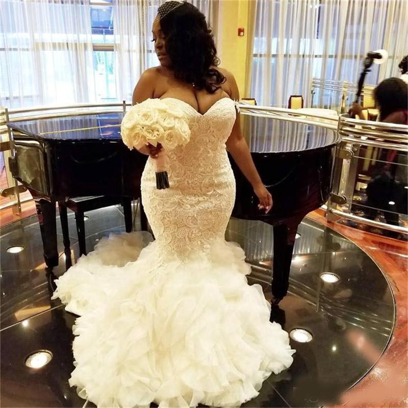 African Plus Size Wedding Dresses Sweetheart Ruffles Mermaid Wedding Dress Lace Up Back Tulle And Lace Bridal Gowns Dubai Arabic Vestidos