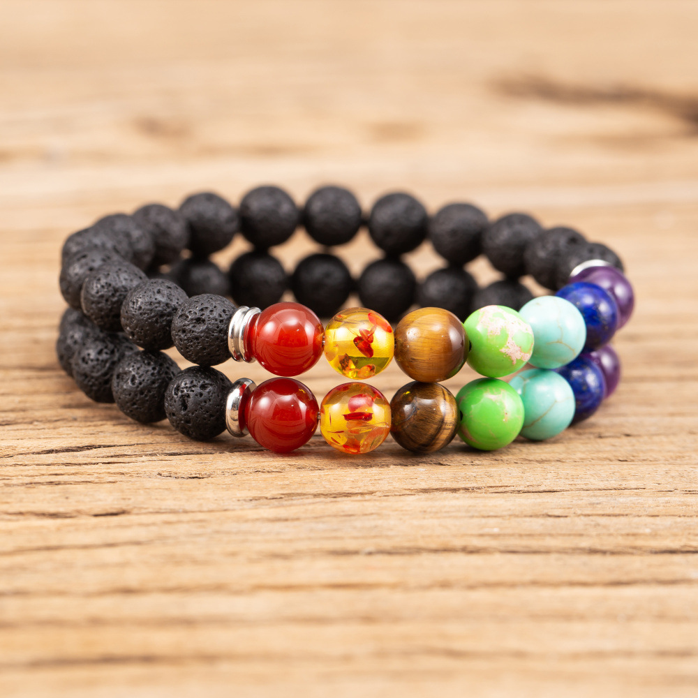 Natural 8mm Lava Stone 7Chakra Bracelet Essential Oil Diffuser Bracelet for women men Yoga bracelet
