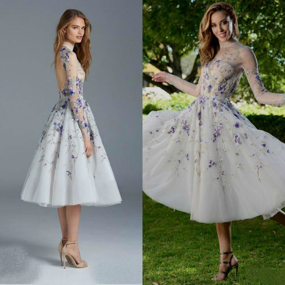 Elegant Illusion Neck Long Sleeve 3D ral Prom Dress
