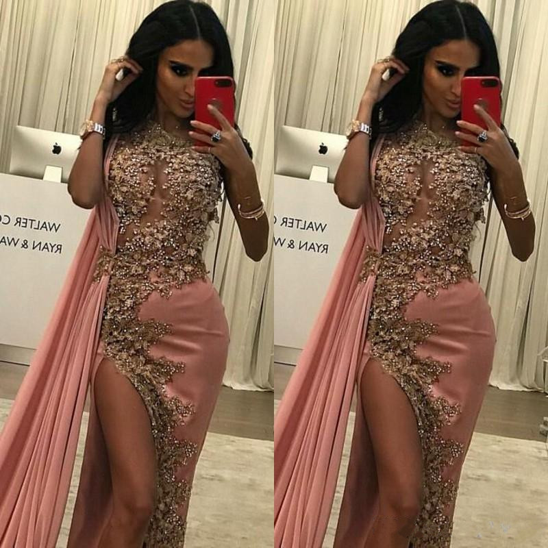 Glamorous Saudi Arabia Mermaid Evening Dresses With Chiffon Wrap Sparkly Sequins Beaded Applique Side Split Prom Gowns