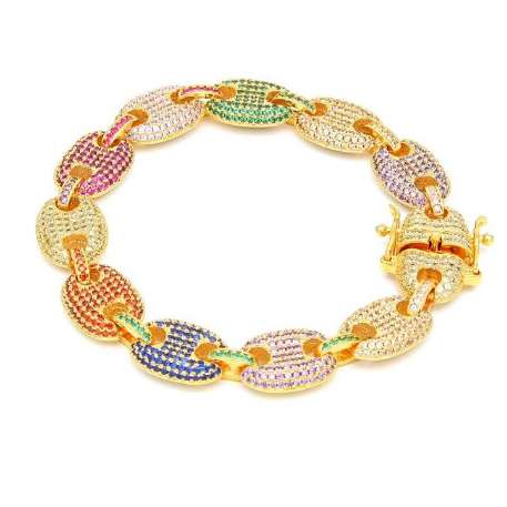 Mens Iced Out Hip Hop Silver Gold-Tone CZ Paved Puffed Marine Link Chain Bracelet 13mm 8inch Multicolor Cubic Zirconia