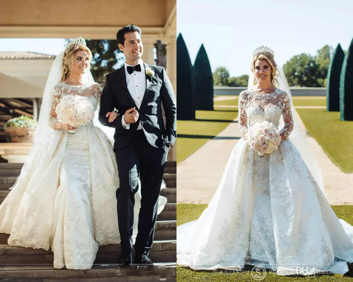 Luxury Appliques Lace Dubai Long Sleeve Wedding Gowns With Detachable Train Jewel Neck Country Wedding Dress Satin Illusion Plus Size Bridal