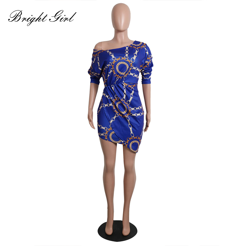 BRIGHT GIRL Women Sexy Dress Summer Causal Dresses For Ladies Chain Print Slash Neck Dress Mini Party Vestidos Female Clothes