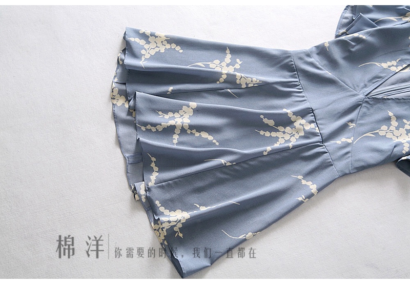 New european design women's fashion flower dots print short sleeve v-neck high waist slim waist a-line short dress French style vestidos