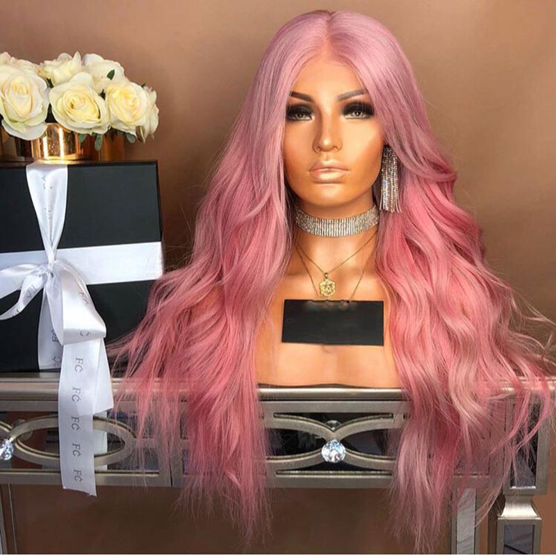 Middle Part Glueless long Pink Lace Front Wig Body Wave African American Wigs Heat Resisatnt Hair Synthetic Wigs For Women