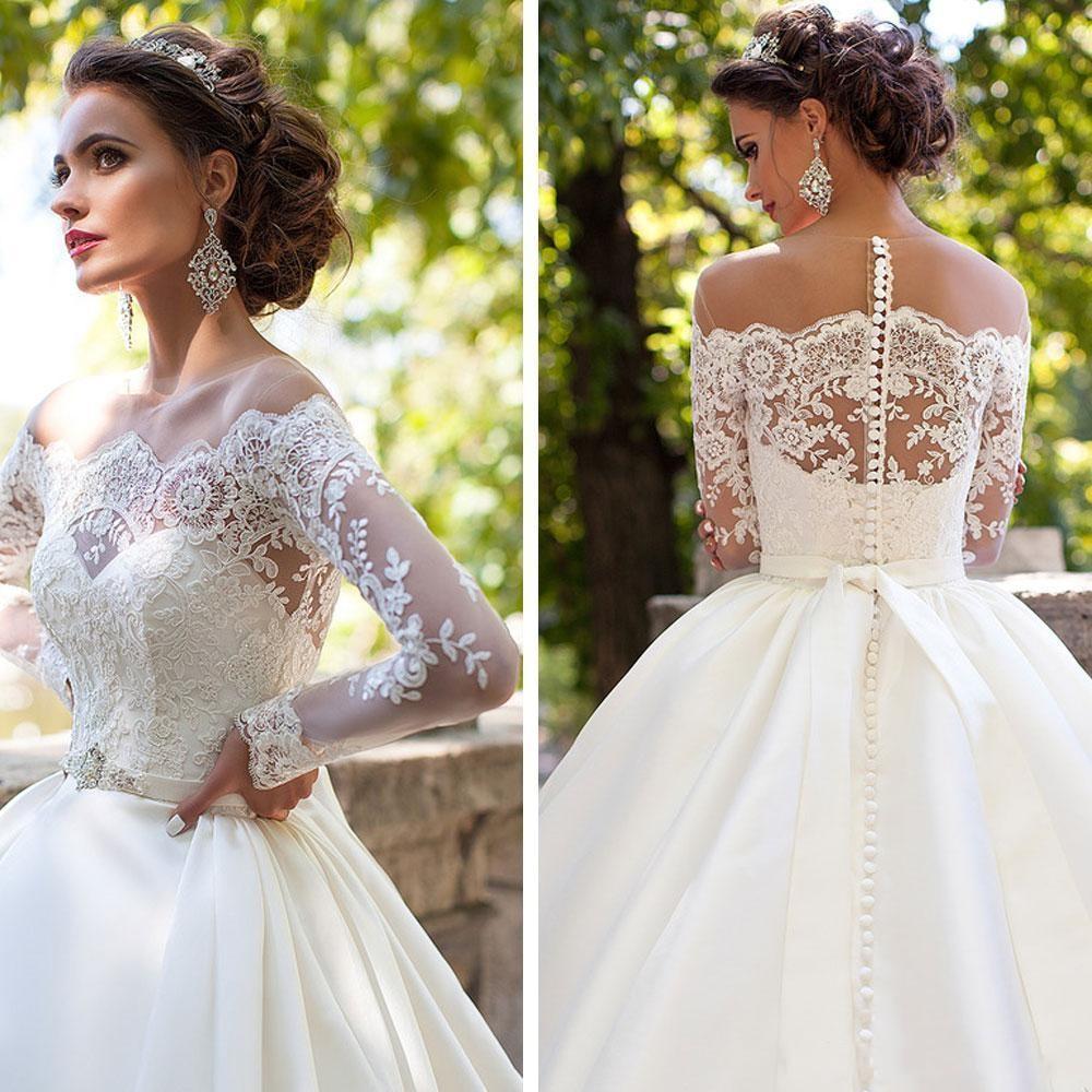 Stunning Sheer Crew Neck Long Sleeves Lace Appliques Wedding Dresses Button Back A-line Bridal Gowns with Sweep Train Vintage Novia, Same as image
Stunning Sheer Crew Neck Long Sleeves Lace Appliques Wedding Dresses Button Back A-line Bridal Gowns with Sweep Train Vintage Novia, Same as image