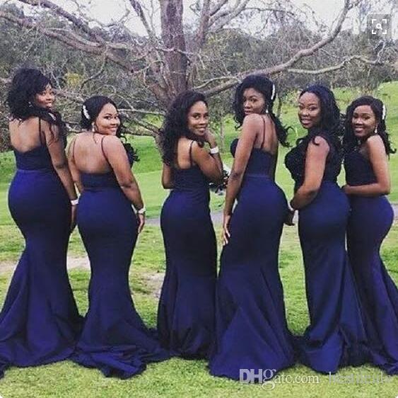 Dark African Nigerian Navy Mermaid Bridesmaid Dresses Spaghetti Straps Sweep Train Maid Of Honor Dress Cheap Formal Gowns Custom