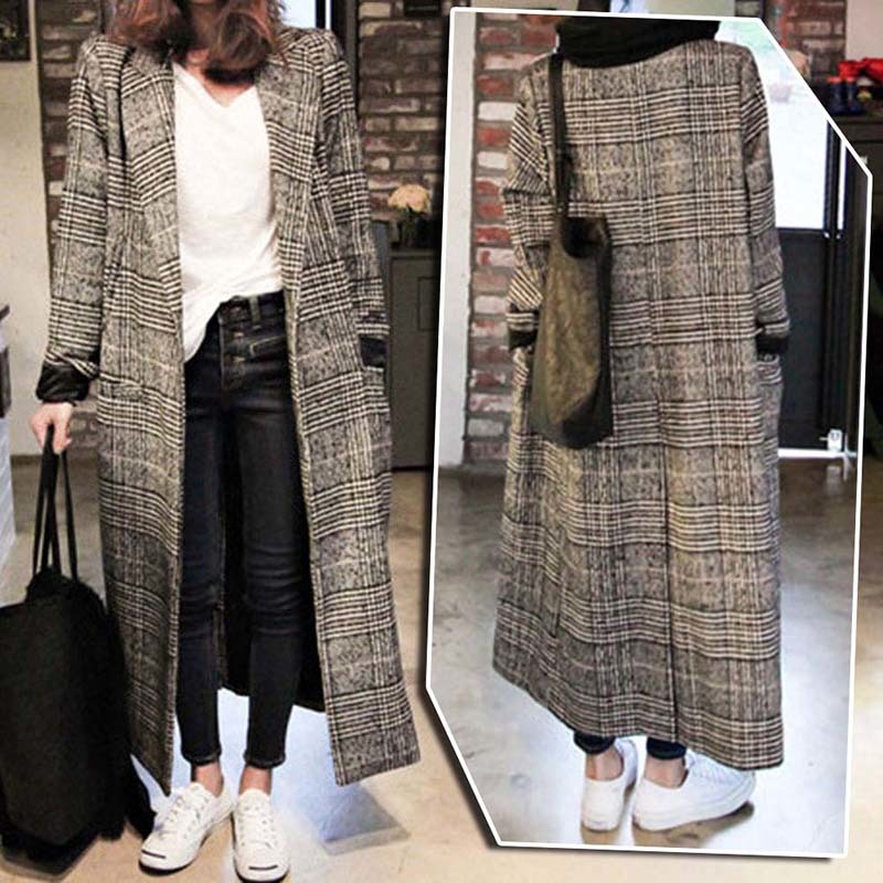 Women plaid long coat long sleeve woollen overcoat loose outwear female winter autumn trench coats plus size C18110601