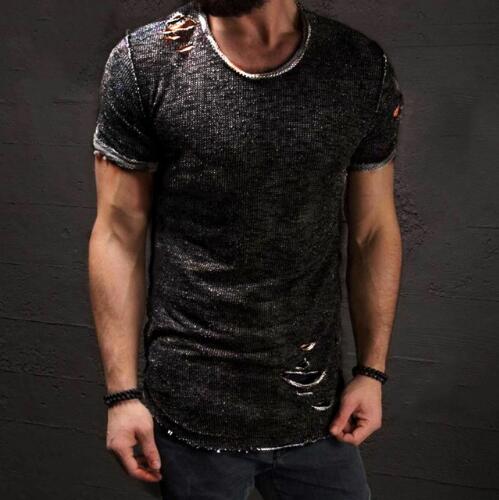 Ripped Men Slim Fit Muscle O-Neck Distressed Tee Hole New Hot Tops Shirt Casual Short Sleeve Frayed T-Shirts Plus Size 4XL1