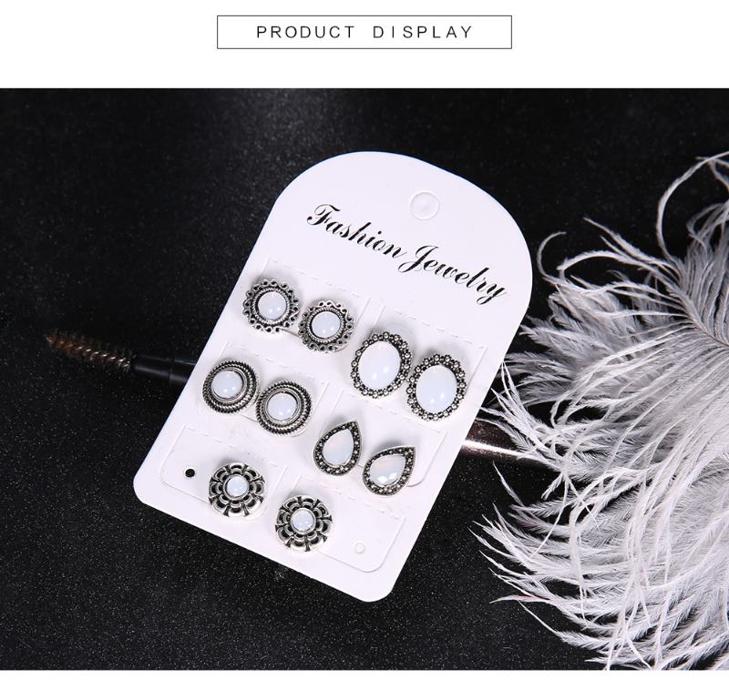 Bohemia Fashion Opal Stud 5 Pairs For One Earring Set Big White Stone Vintage Design Alloy Studding Wholesale