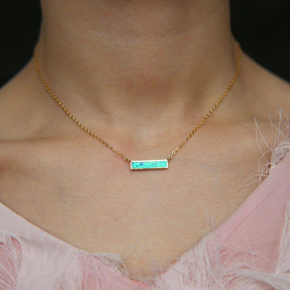 100% 925 sterling silver opal gemstone jewelry blue white fire opal simple geometric bar charm minimal silver necklaces