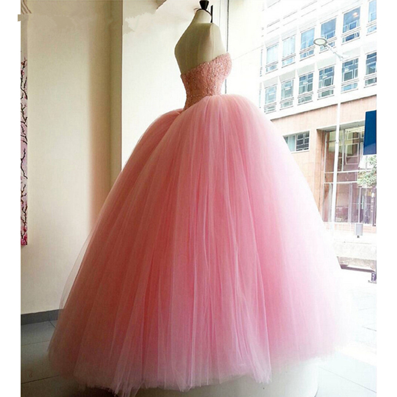 2018 Sexy Princess Pink Sweetheart Crystal Ball Gown Quinceanera Dress with Appliques Beading Sweet 16 Dress Vestido Debutante Gowns BQ143