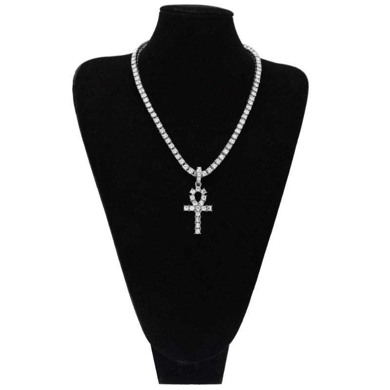 Egyptian Ankh Key Pendant Necklace Hip Hop Mens Rhinestone Link Cuban Chain Gold Plated Silver And Black
