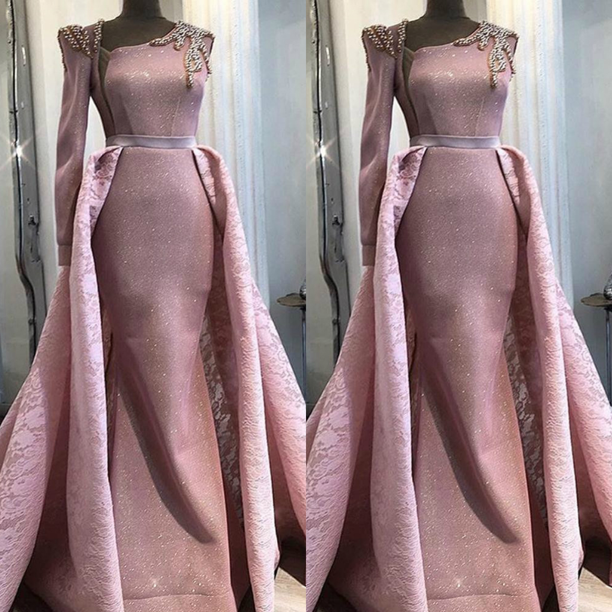 Pink Mermaid Lace Evening Dresses with Detachable Train Lace Sequins Beaded Long Sleeve Evening Gowns Formal Dresses Arabic