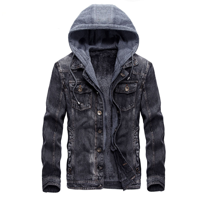 Autumn and Winter Men's plus velvet Casual Men's Fashion Denim jacket Fashion Park Black Hooded jacket Size M L XL XXL