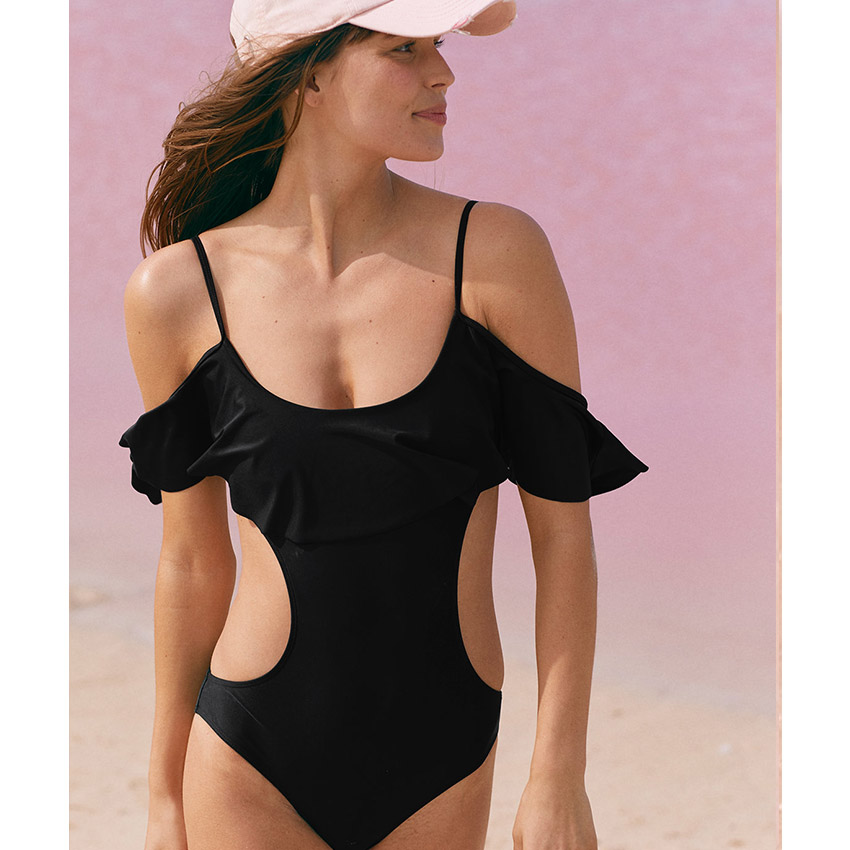 x 2018 Sexy One Piece Swimsuit Off The Shoulder Solid Green Black Swimwear Women Bathing Suit Ruffle Monokini Swim Wear