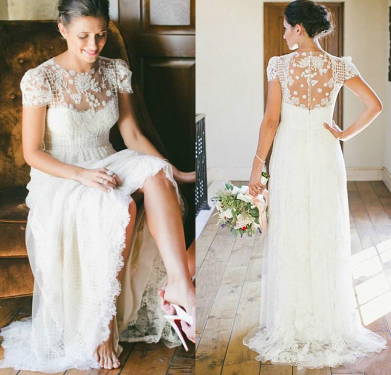 Vintage Floor Length Lace Sheer Bridal Gowns Bohemia Jewel Short Sleeve Bridal Gowns Country Style Beach Vestido De Novia, Gold
Vintage Floor Length Lace Sheer Bridal Gowns Bohemia Jewel Short Sleeve Bridal Gowns Country Style Beach Vestido De Novia, Gold