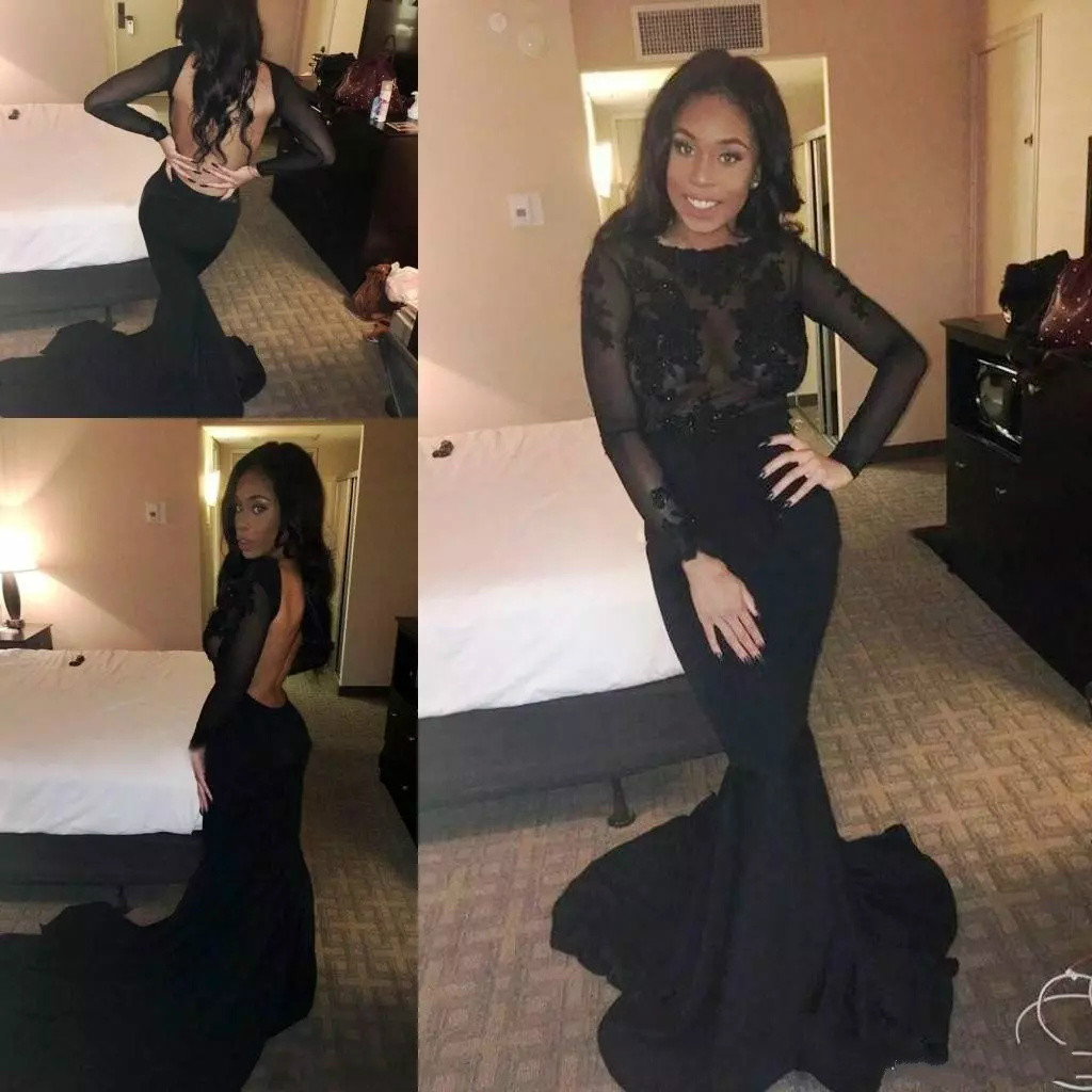 Sexy South African Black Prom Dresses Lace Applique Beaded Tulle Illusion Long Sleeve Mermaid Evening Gowns Sweep Train Satin Formal Dress