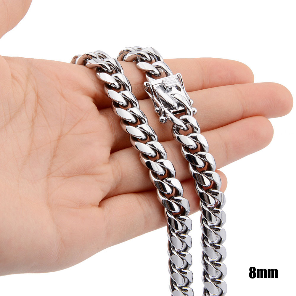 8mm10mm12mm14mm 316L Stainless Steel Jewelry High Polish Miami Cuban Chain Necklace Men Punk Curb ChainDragonBeard Clasp 24qu