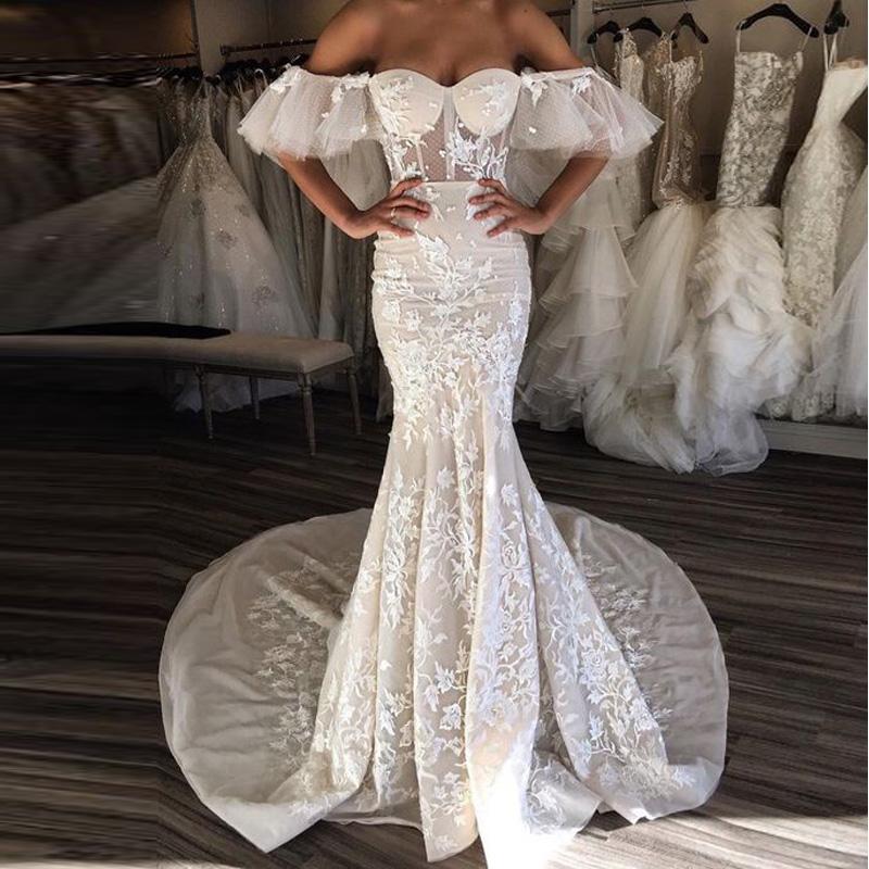 2020 Sexy Batwing Sleeve Mermaid Wedding Dresses Sweetheart Off Shoulder 3D-Floral Appliques Long Train Wedding Dress Vestido De Novia