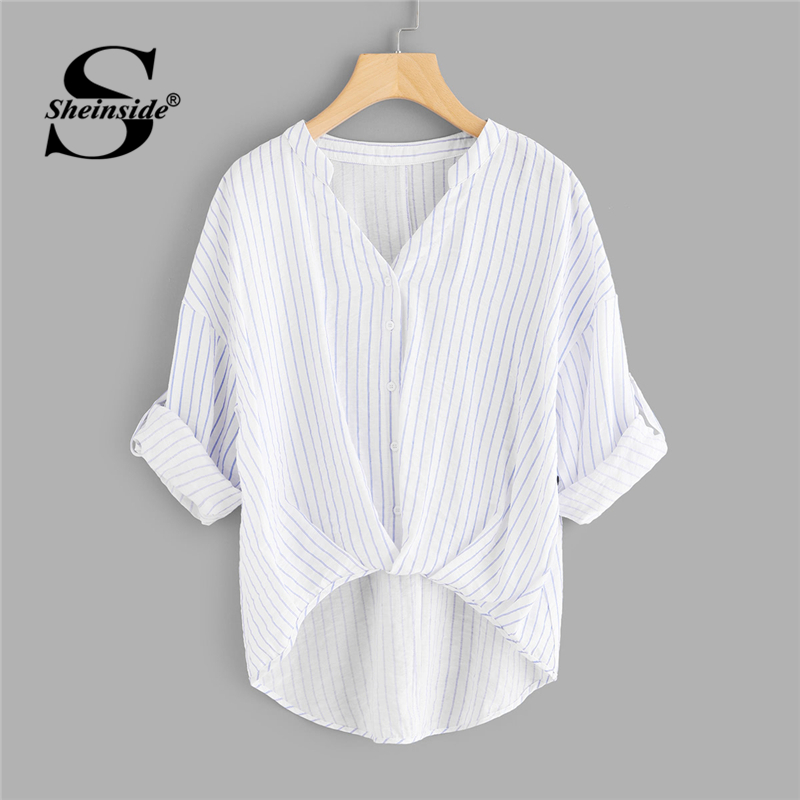 

Sheinside Striped Dip Hem Shirt Women Rolled Up Sleeve V Neck Casual Top 2018 Summer Asymmetrical Office Work Blouse, White