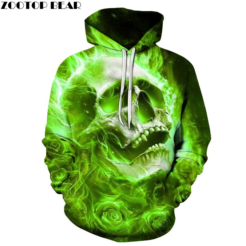 Green Fire Skull Printed Hoodie Sweatshirts 3D Mens Hoody Pullover 2018 New Fashion Streetwear Cloth Drop Ship