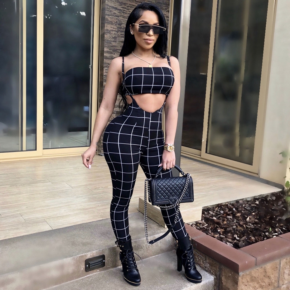 Black White Plaid Overalls: Sexy Jumpsuit 2-Piece Set For Women