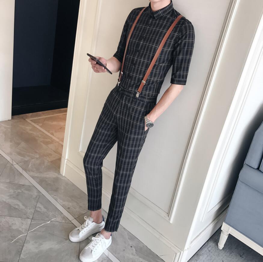 2pcs Vintage Plaid Office Men Set Slim Fit Mens Summer Shirts Heren Kleding Ankle Length Men Slim Fit Plaid Pants Moda Hombre
