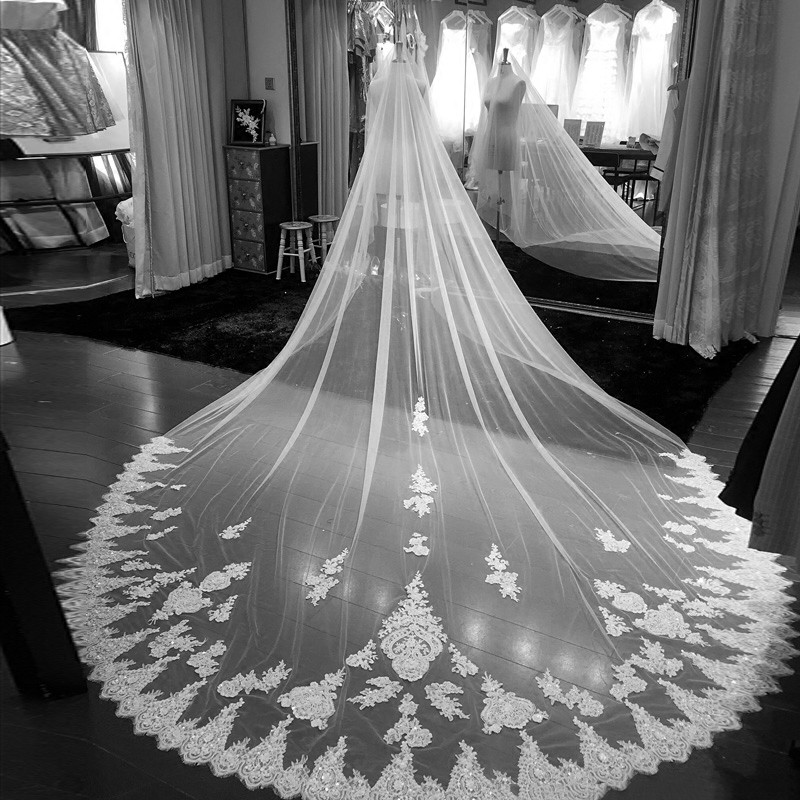 Lace Appliques Wedding Veils Bride 3 Meters Long Beads Pearls Wedding Accessories Totally Custom Made Wedding Veiled With Comb Bridal Veils