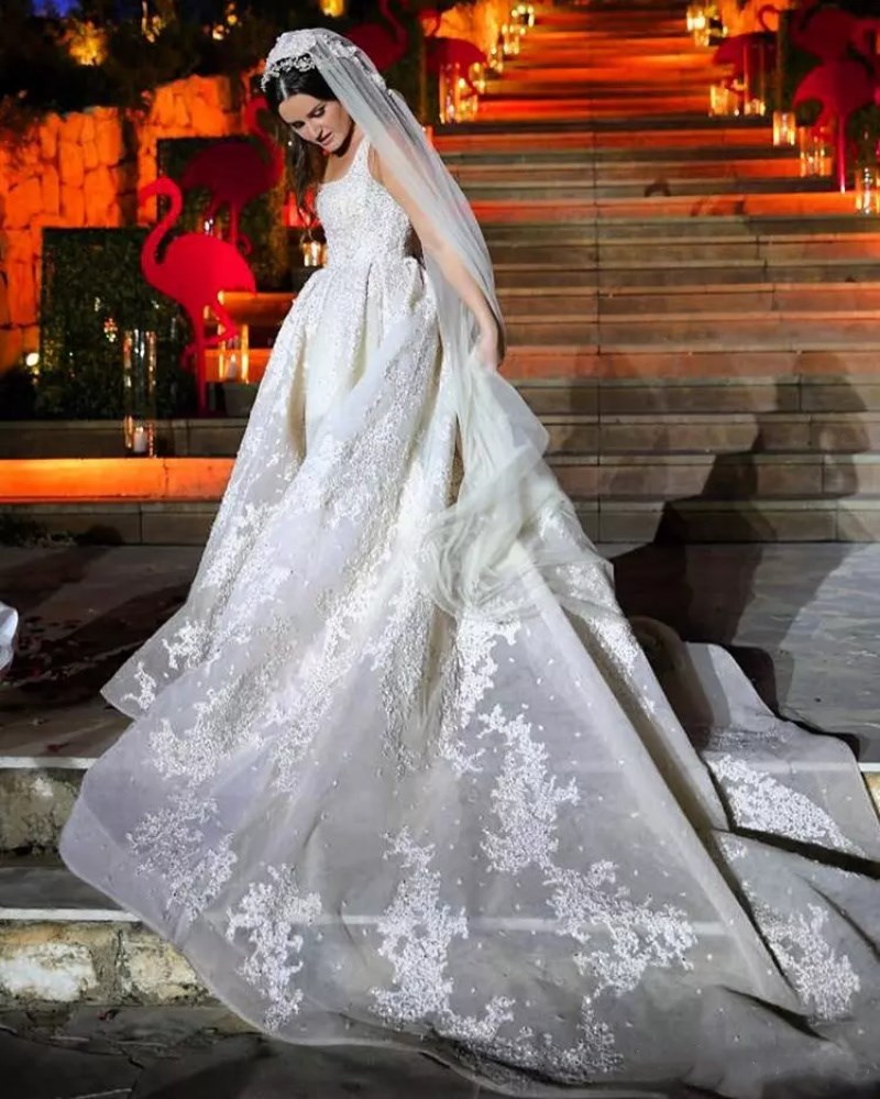 Amazing Elie Saab Backless Wedding Dresses A Line Square Neck Beaded Bridal Gowns Sweep Train Organza Sequined Plus Size Vestido De Novia
