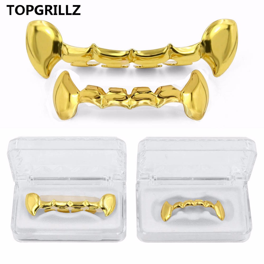 

TOPGRILLZ Hip Hop Fang Teeth Grillz Set Gold Color Plated Half Teeth Dracula Vampire Fangs Slim Grills Gold Top & Bottom Grillz Teeth Set