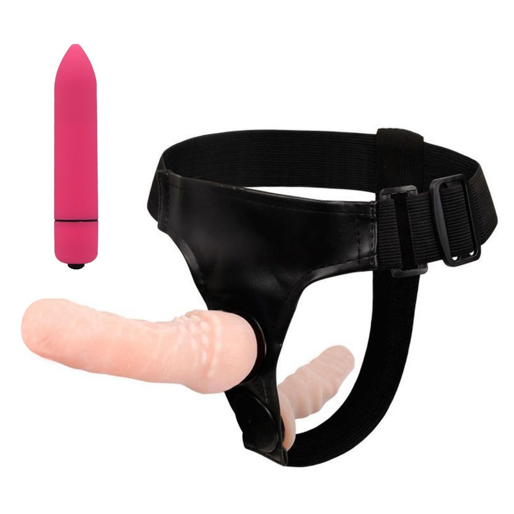 YEMA 2Pcs Double Dildo Strap On Harness Sex Toys for Lesbian&10 Modes Mini Bullet Vibrators for Women Couple Adult Sex Games Y1890803