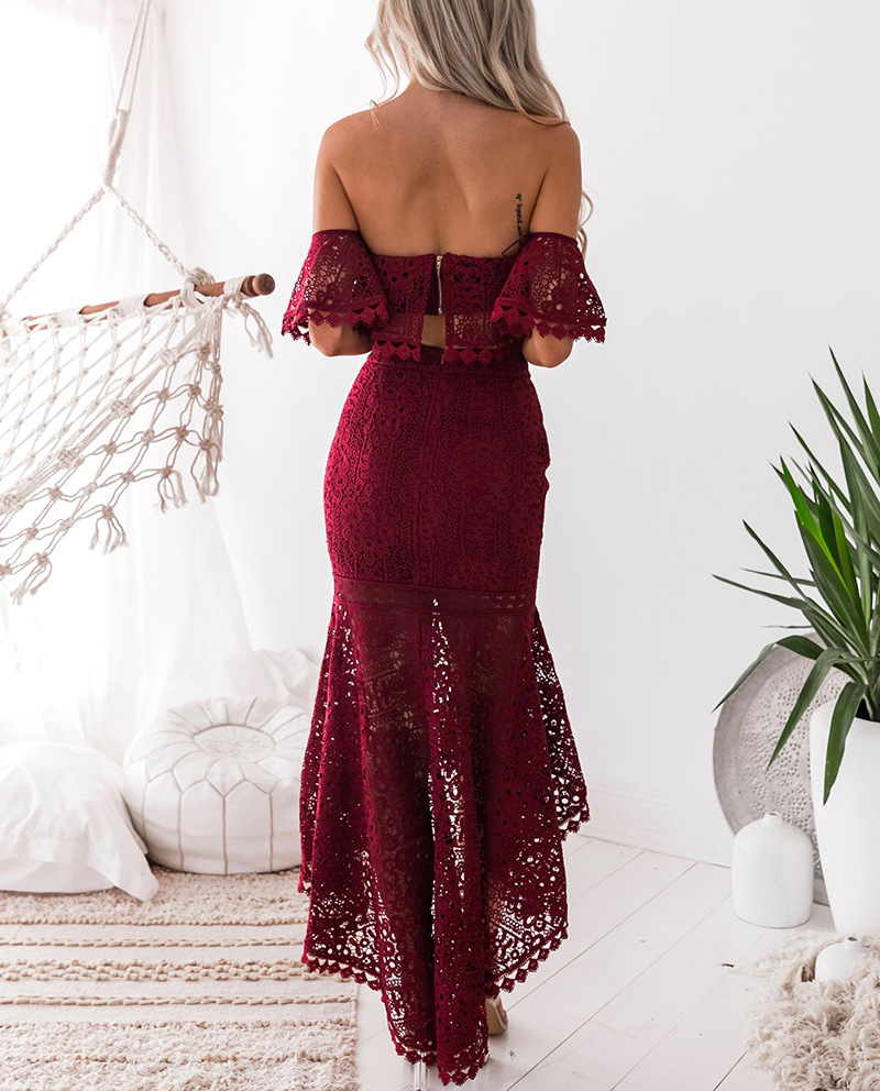 2018 Summer Fashion Two Piece Set Off Shoulder Lace Tops Mermaid Skirt Set Ruffles Lace Skirts Elegant Crop Tops 2 Piece Sets
