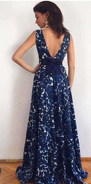 2023 Blue Floral Printed Prom Dresses Long A-line Backless Evening Dresses With Sash Real Photo Beach Summer Floor Length Gowns
