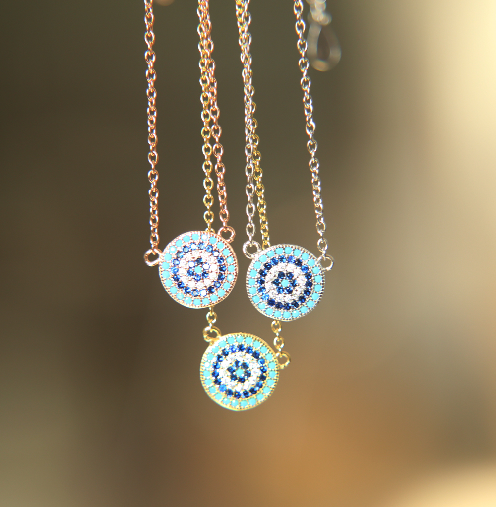 100% 925 sterling silver classic necklace round disk micro pave colorful cz turquoise evil eye charm lucky girl gift chain