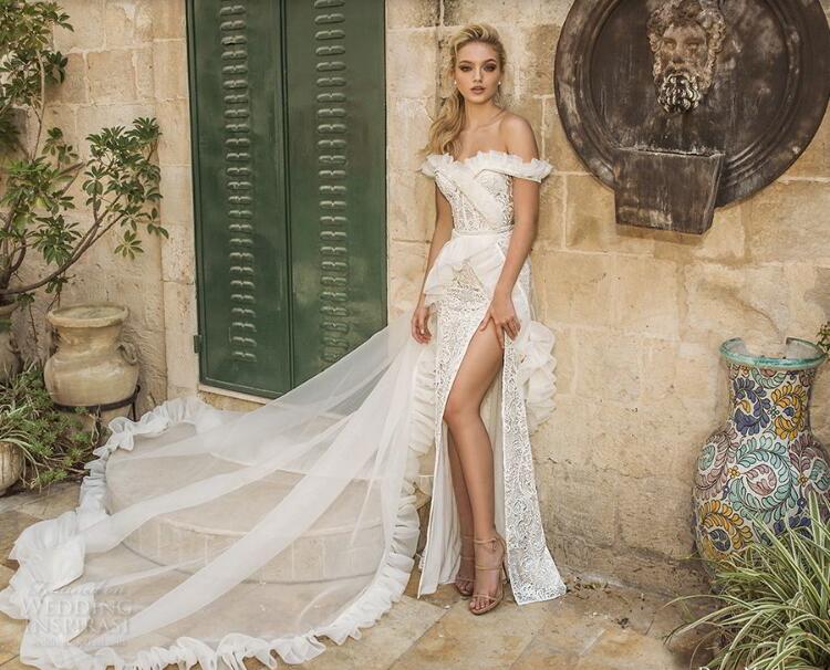 Sexy Off Shoulder Dress Mizrachi Illusion Chiffon Side Splits Lace Appliques Beaded Wedding Dresses Bridal Gowns