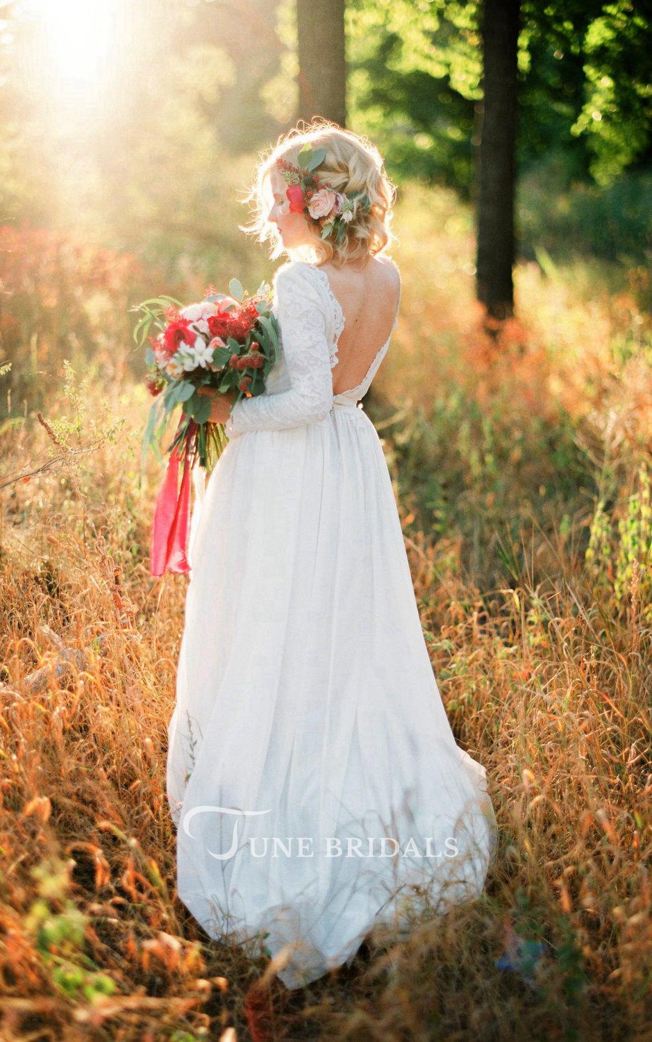 Romantic Chiffon Dresses A-e Lace Bodice Appliques Sweep Train Long Sleeve Boho Wedding Dress Sexy Backless Bridal Gowns