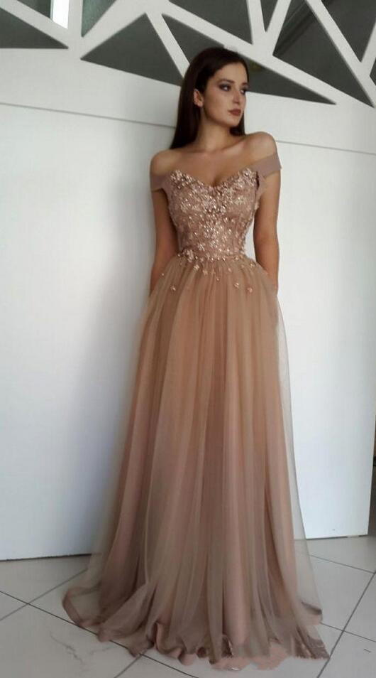 Charming Nude Tulle Applique Beaded Prom Dresses Off Shoulder A-Line Evening Gowns Formal Prom Party Dresses