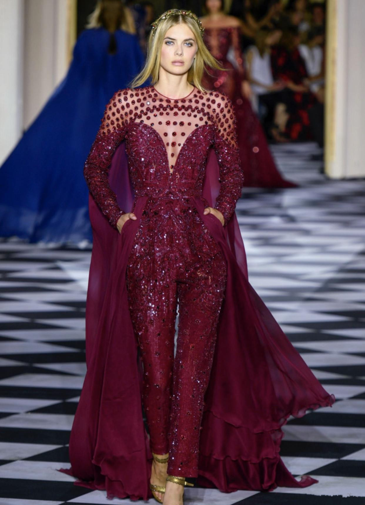 Zuhair Murad 2019 Jumpsuits Prom Dresses Long Sleeves Beaded Sequins Burgundy Evening Gowns Saudi Arabic Formal Party Carpet Dress