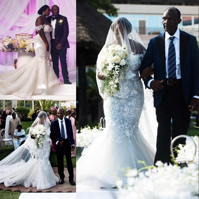 Plus Size Mermaid Wedding Dresses Sexy Off Shoulder Beads Lace Appliques Tulle Bridal Gown Glamorous South African Long Wedding Dress Cheap